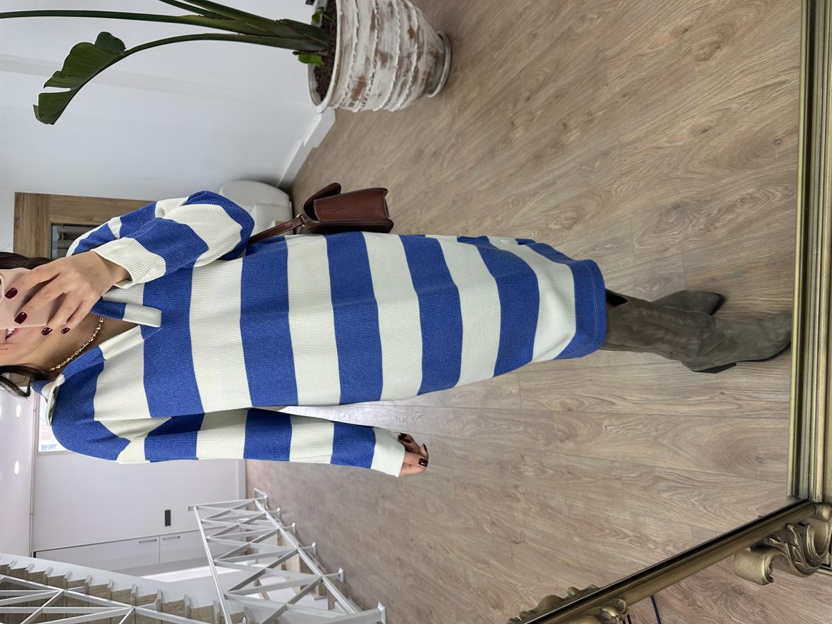 Polo Yaka Yumuşacık Dokuda Salaş Elbise-Mavi