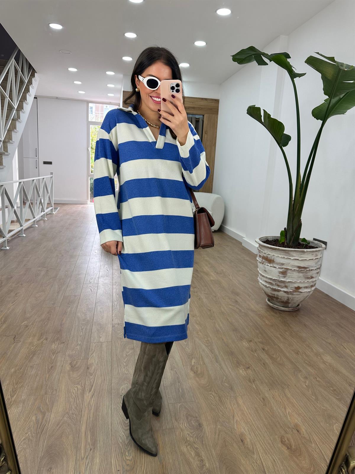 Polo Yaka Yumuşacık Dokuda Salaş Elbise-Mavi