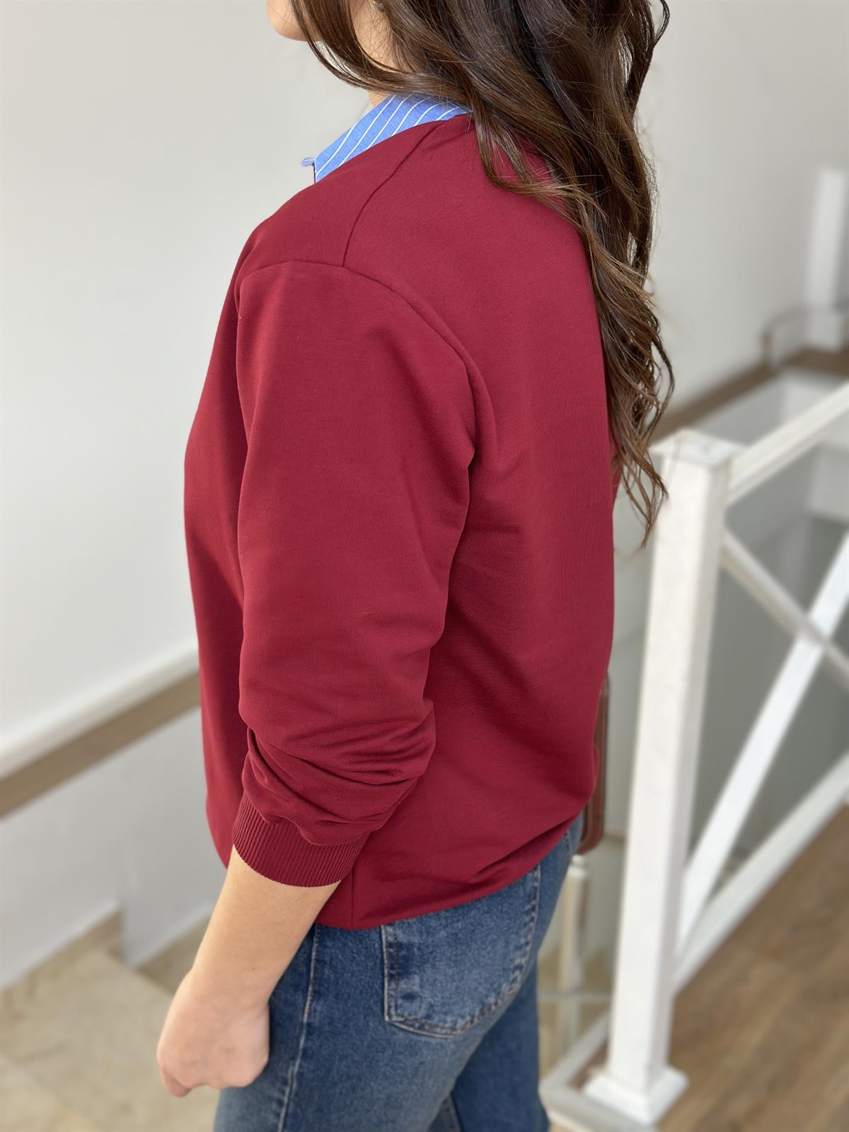 Poplin Garnili Polo Yaka Sweatshirt - Bordo