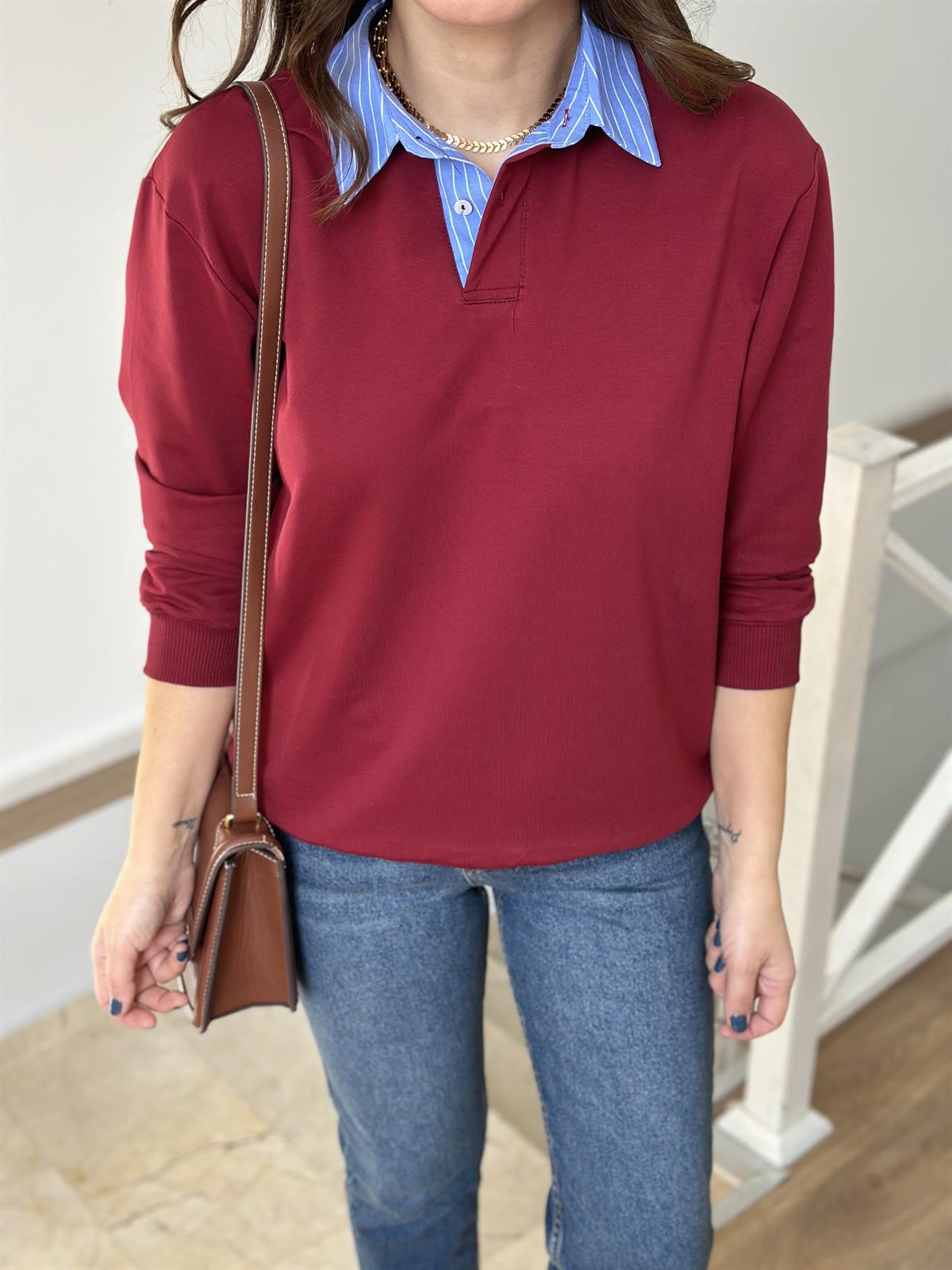 Poplin Garnili Polo Yaka Sweatshirt - Bordo