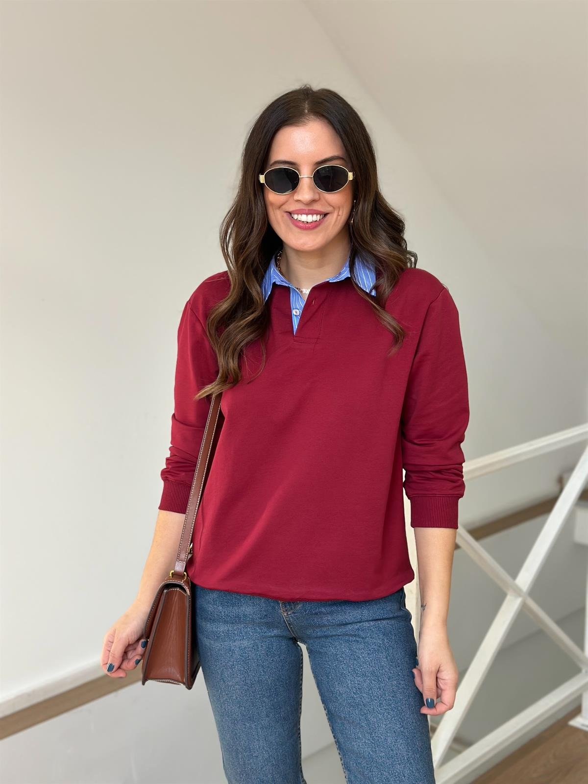 Poplin Garnili Polo Yaka Sweatshirt - Bordo