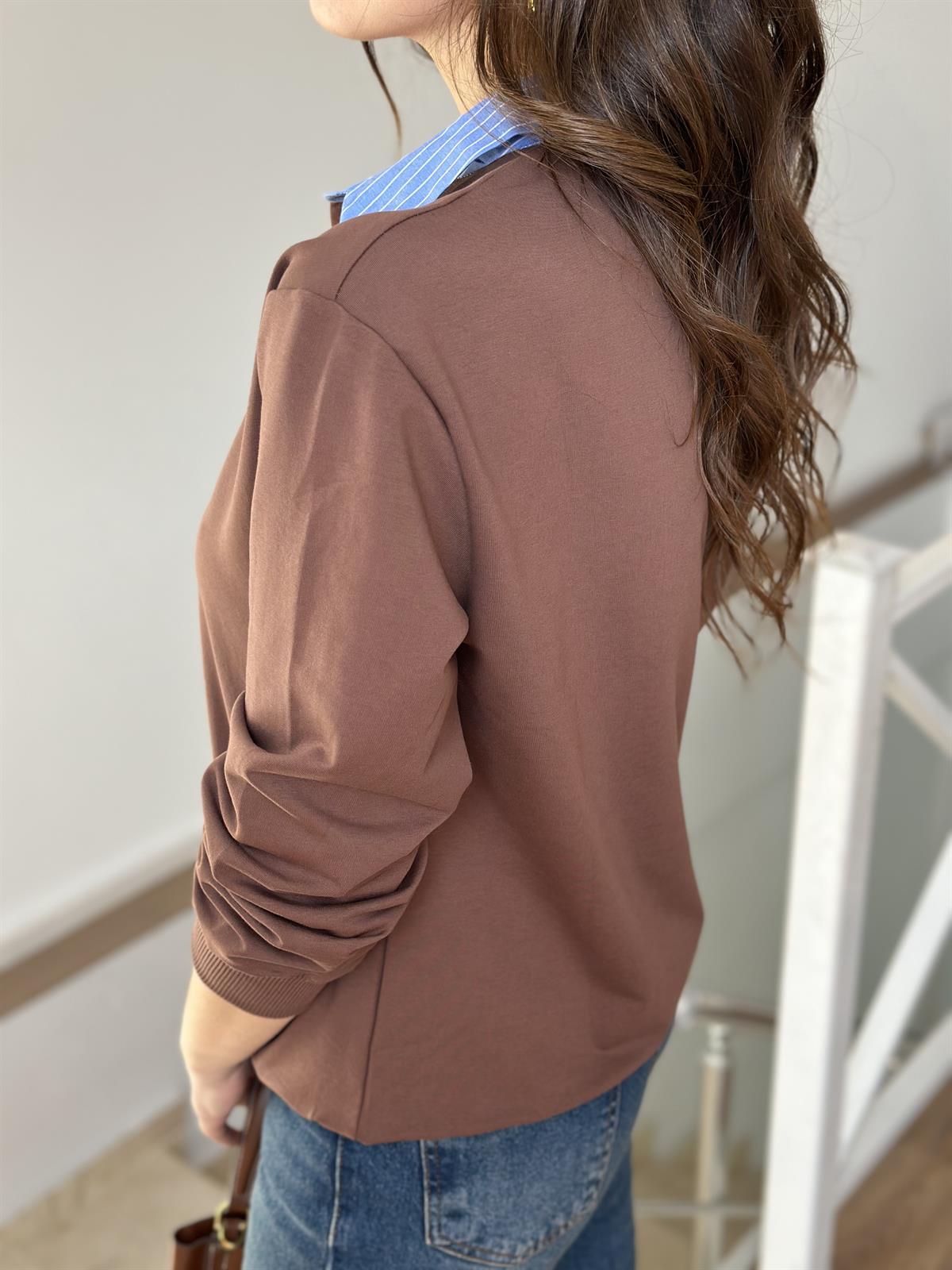 Poplin Garnili Polo Yaka Sweatshirt - Kahverengi