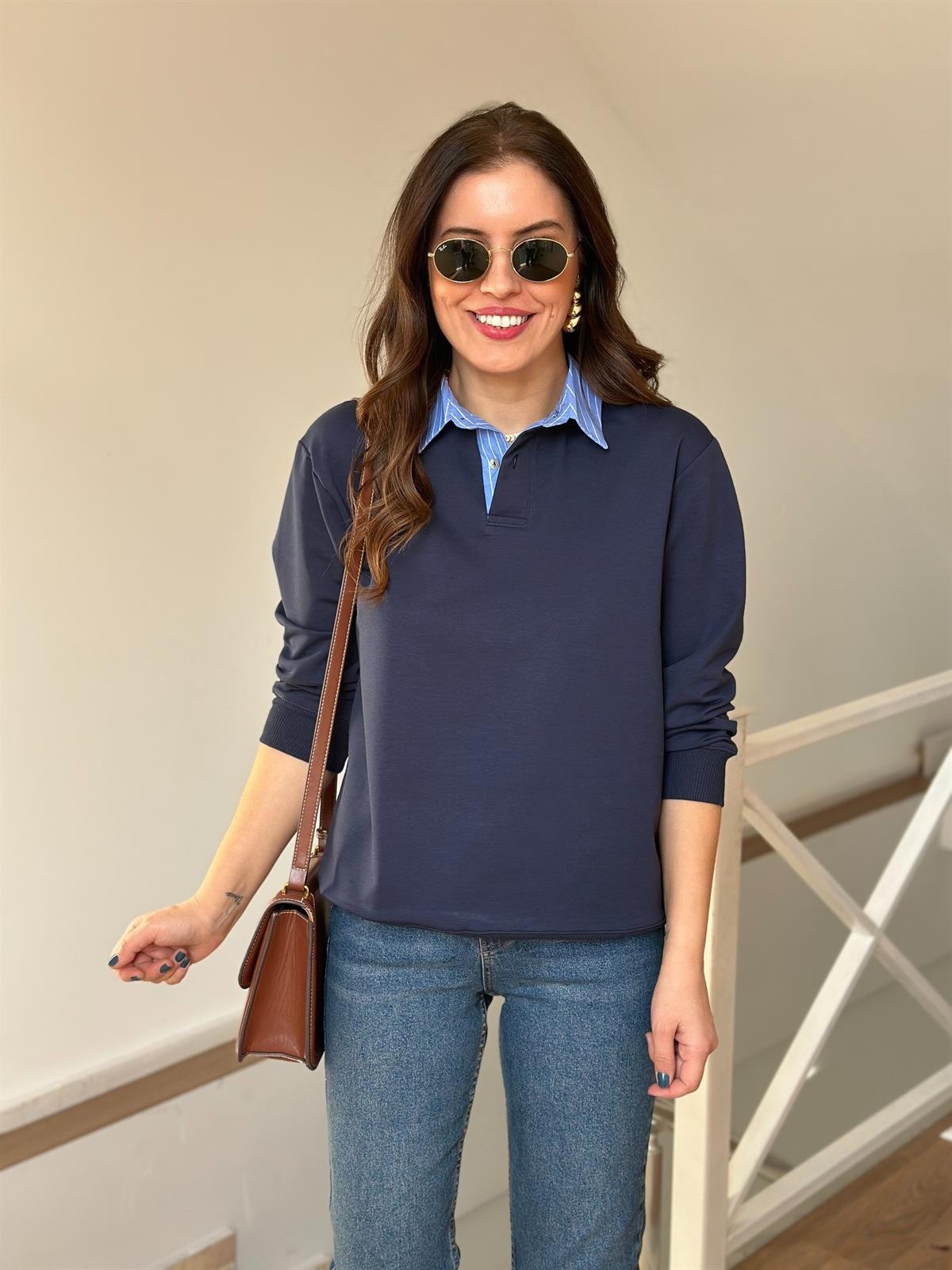 Poplin Garnili Polo Yaka Sweatshirt - Lacivert