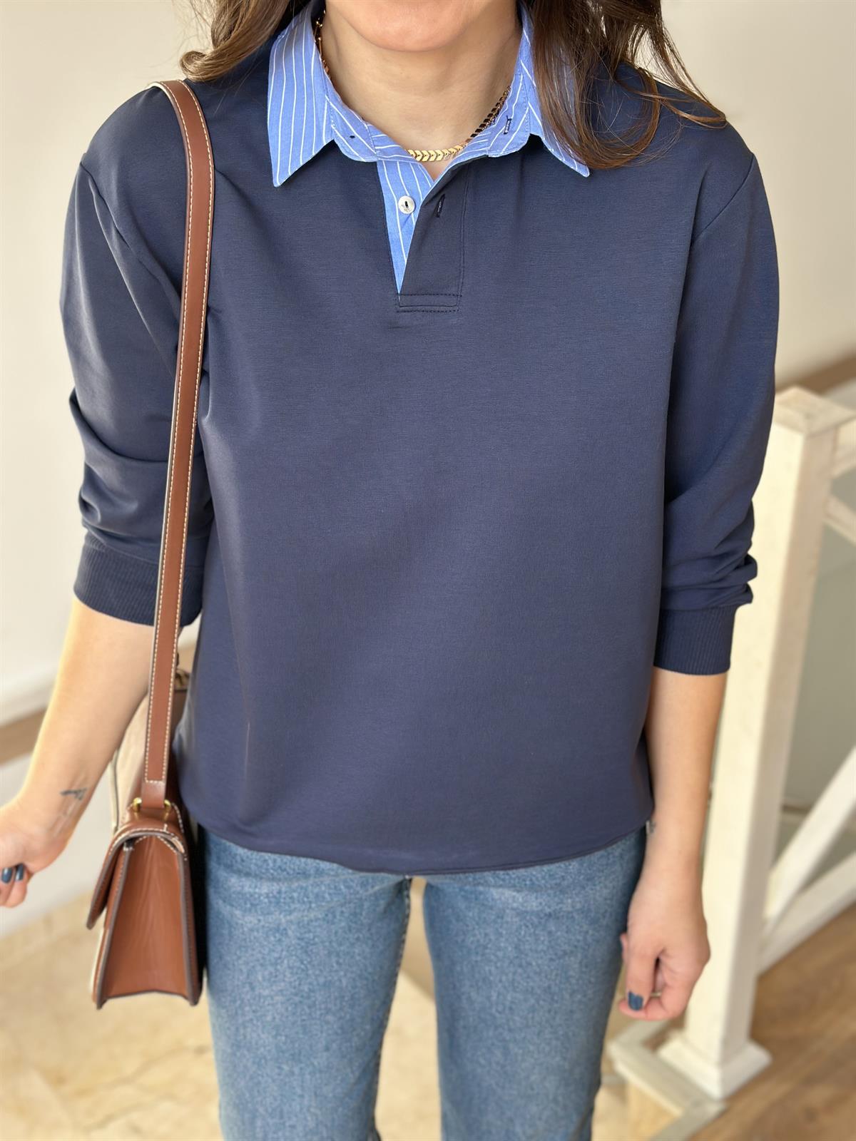 Poplin Garnili Polo Yaka Sweatshirt - Lacivert