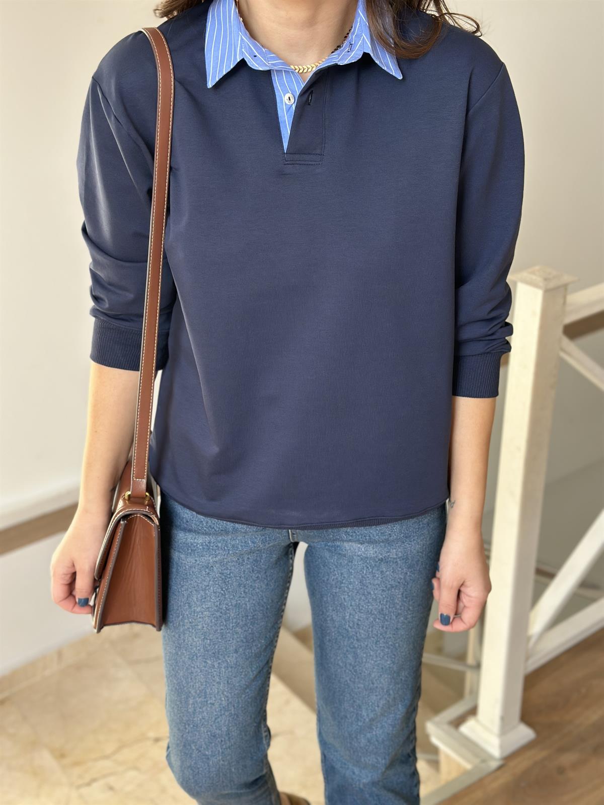 Poplin Garnili Polo Yaka Sweatshirt - Lacivert