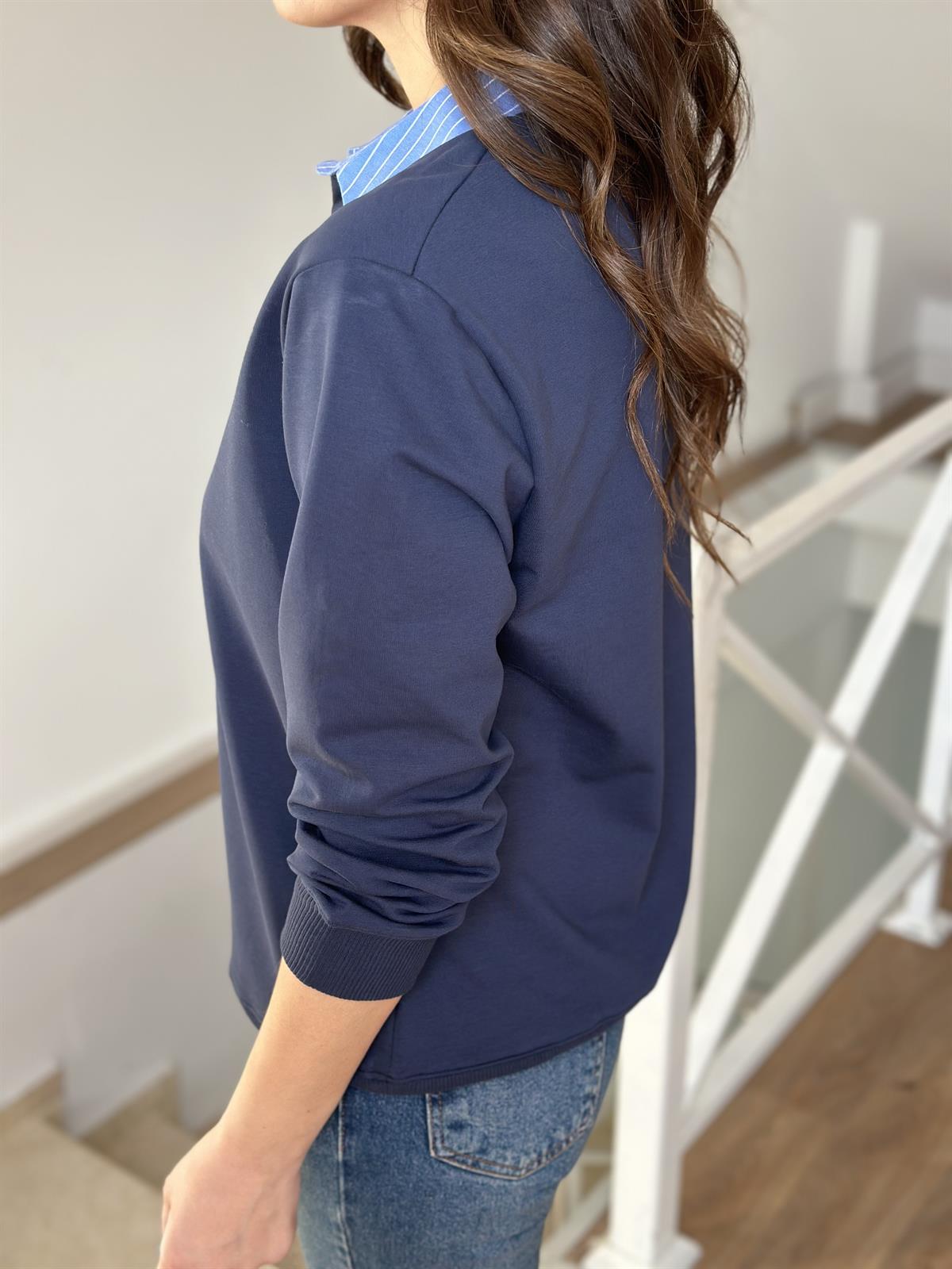 Poplin Garnili Polo Yaka Sweatshirt - Lacivert