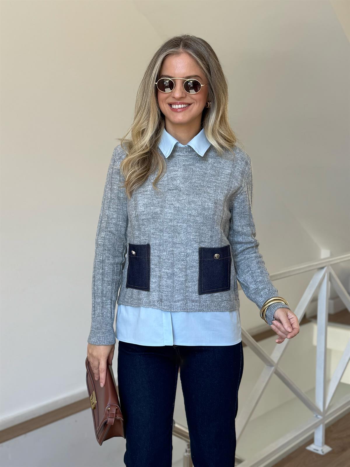 Poplin ve Denim Garnili Triko Kazak - Gri