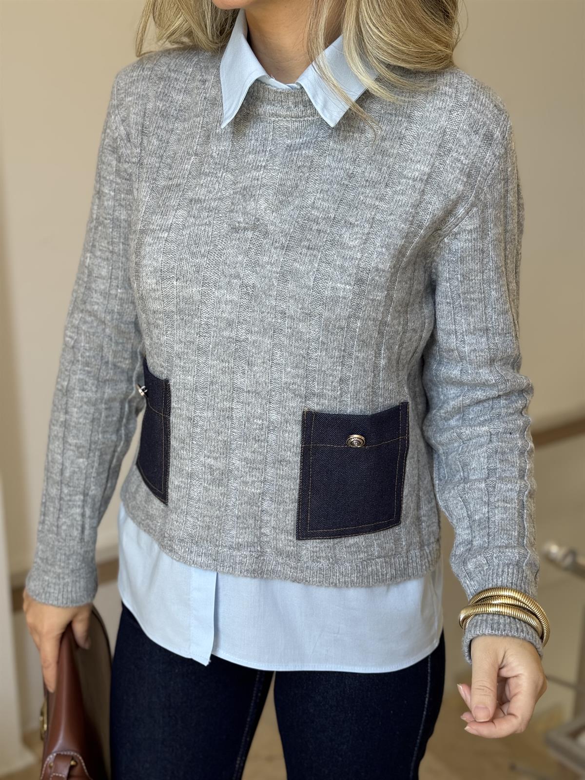 Poplin ve Denim Garnili Triko Kazak - Gri