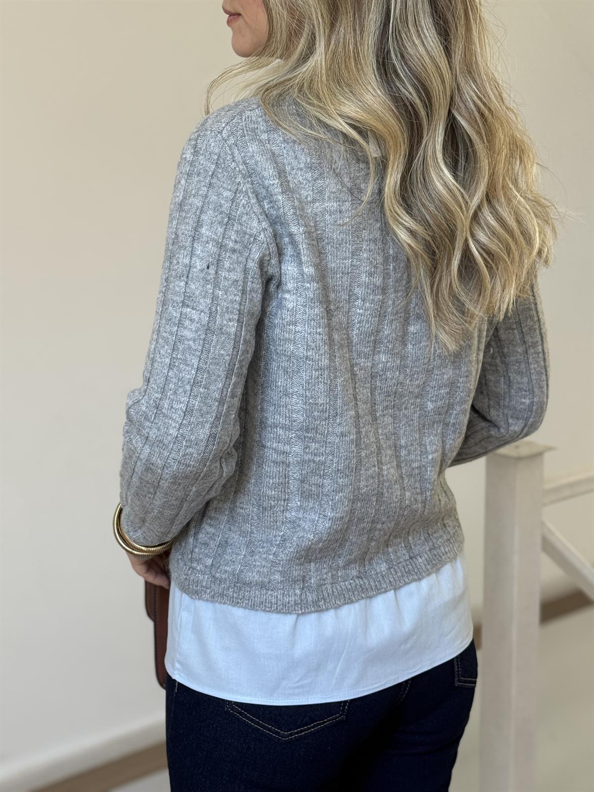 Poplin ve Denim Garnili Triko Kazak - Gri