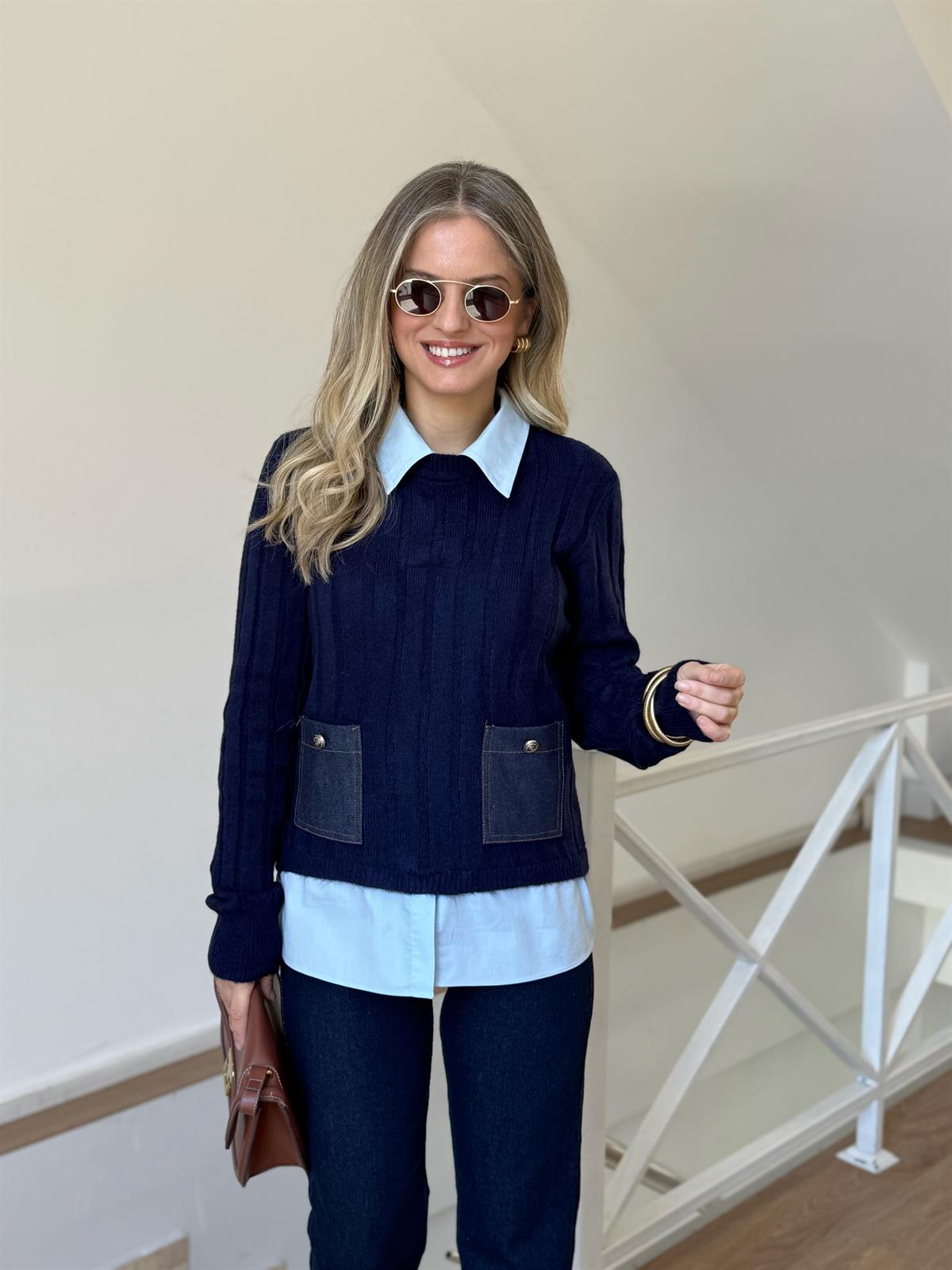 Poplin ve Denim Garnili Triko Kazak - Lacivert