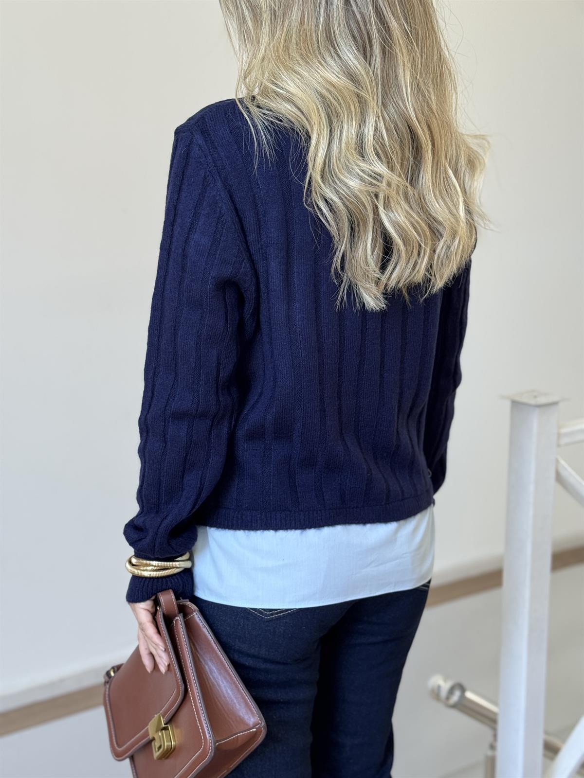 Poplin ve Denim Garnili Triko Kazak - Lacivert