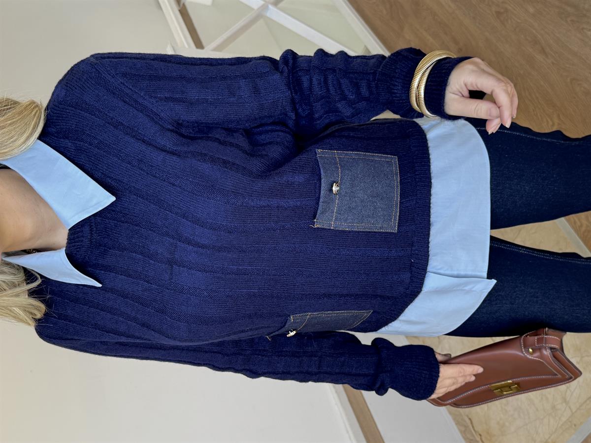 Poplin ve Denim Garnili Triko Kazak - Lacivert