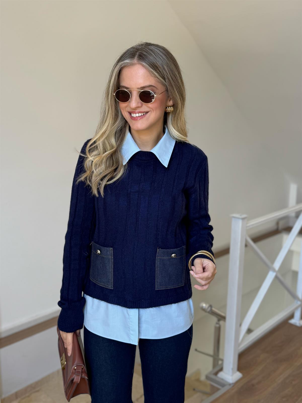 Poplin ve Denim Garnili Triko Kazak - Lacivert