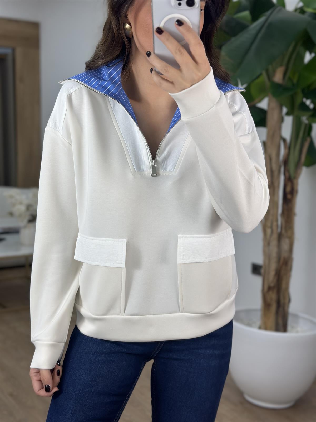 Poplin Yakalı Fermuarlı Sweatshirt