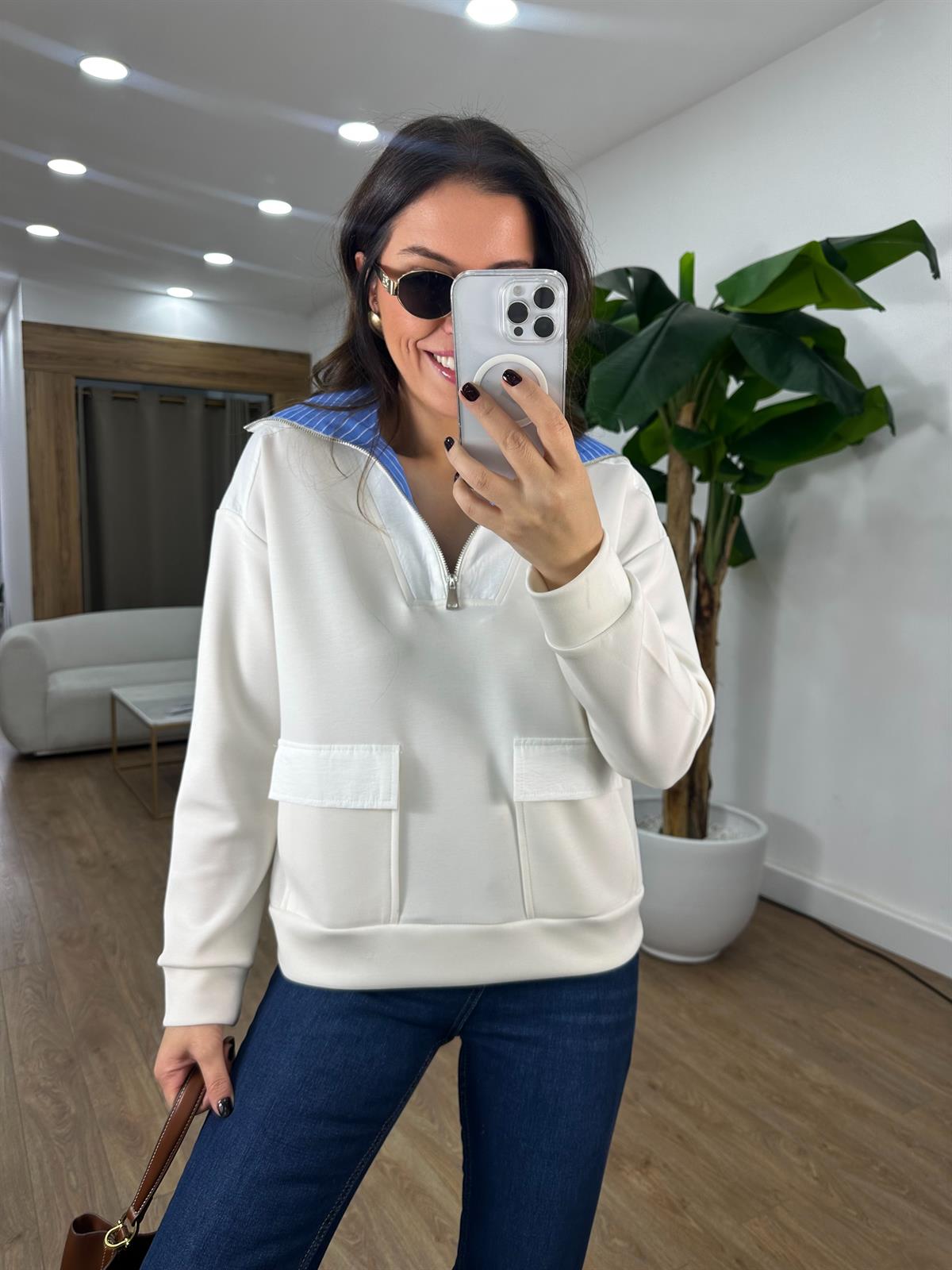 Poplin Yakalı Fermuarlı Sweatshirt