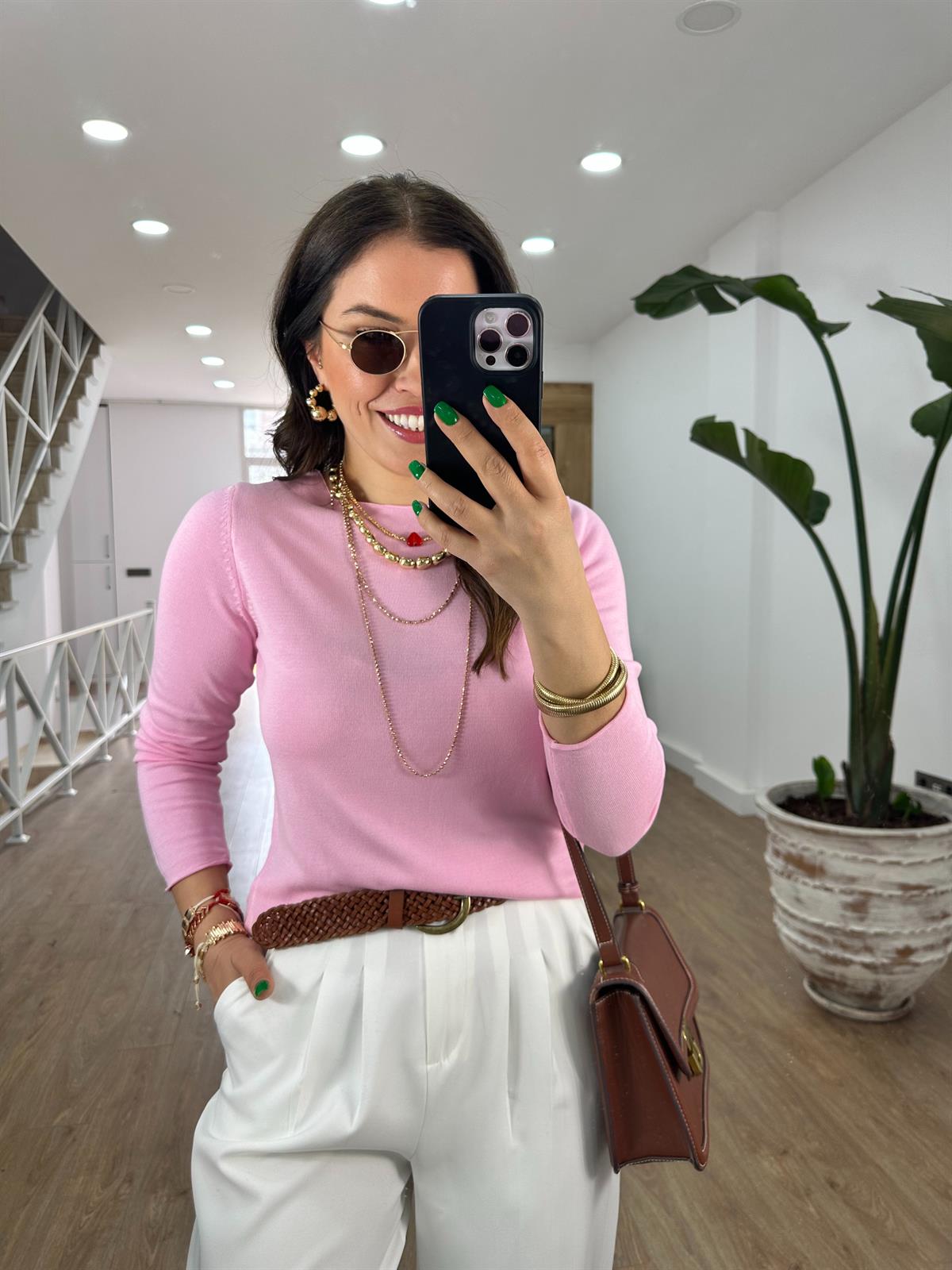 Premium Kalite Bisiklet Yaka Basic Triko-Pembe