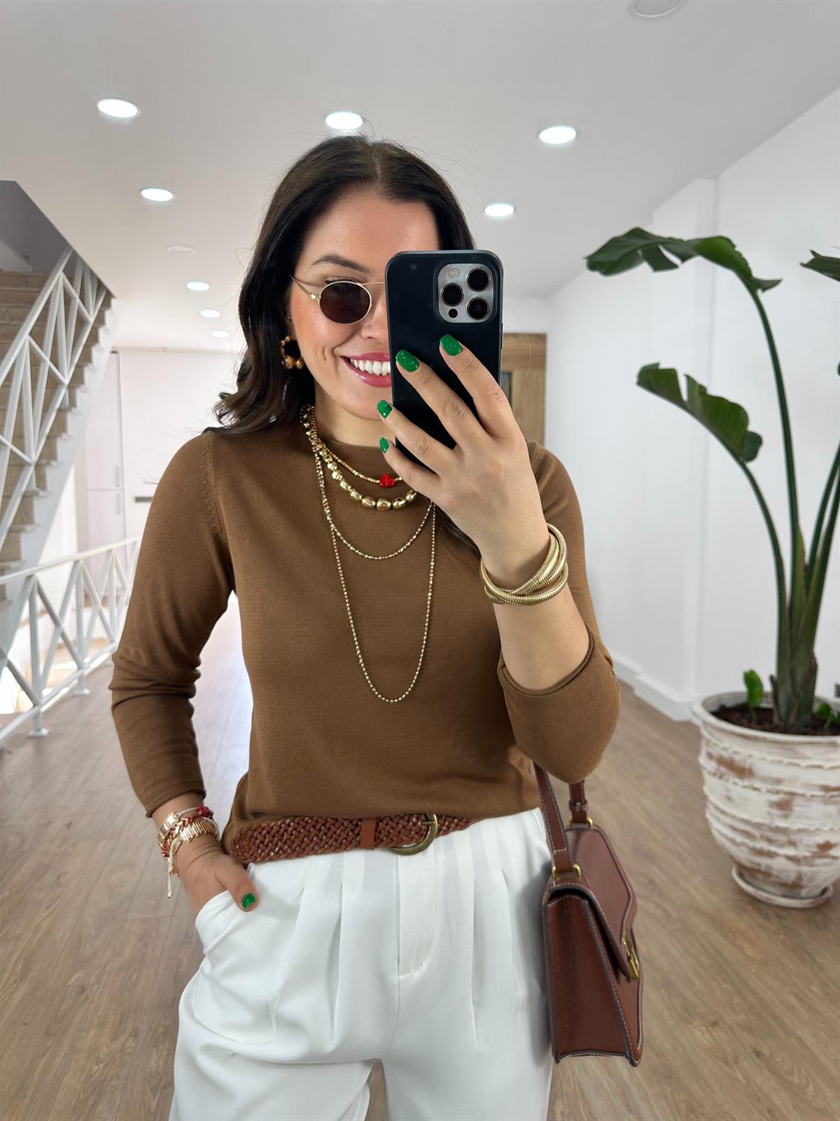 Premium Kalite Bisiklet Yaka Basic Triko-Kahverengi