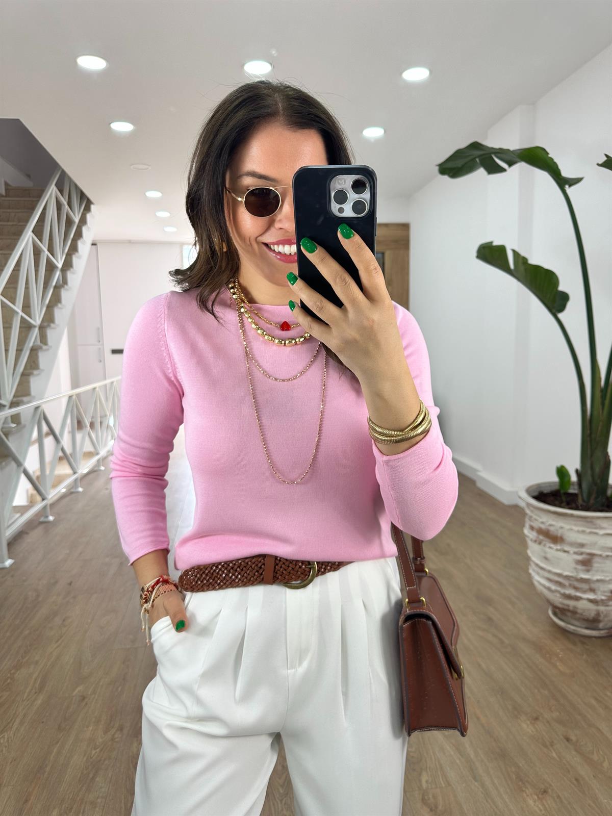 Premium Kalite Bisiklet Yaka Basic Triko-Pembe