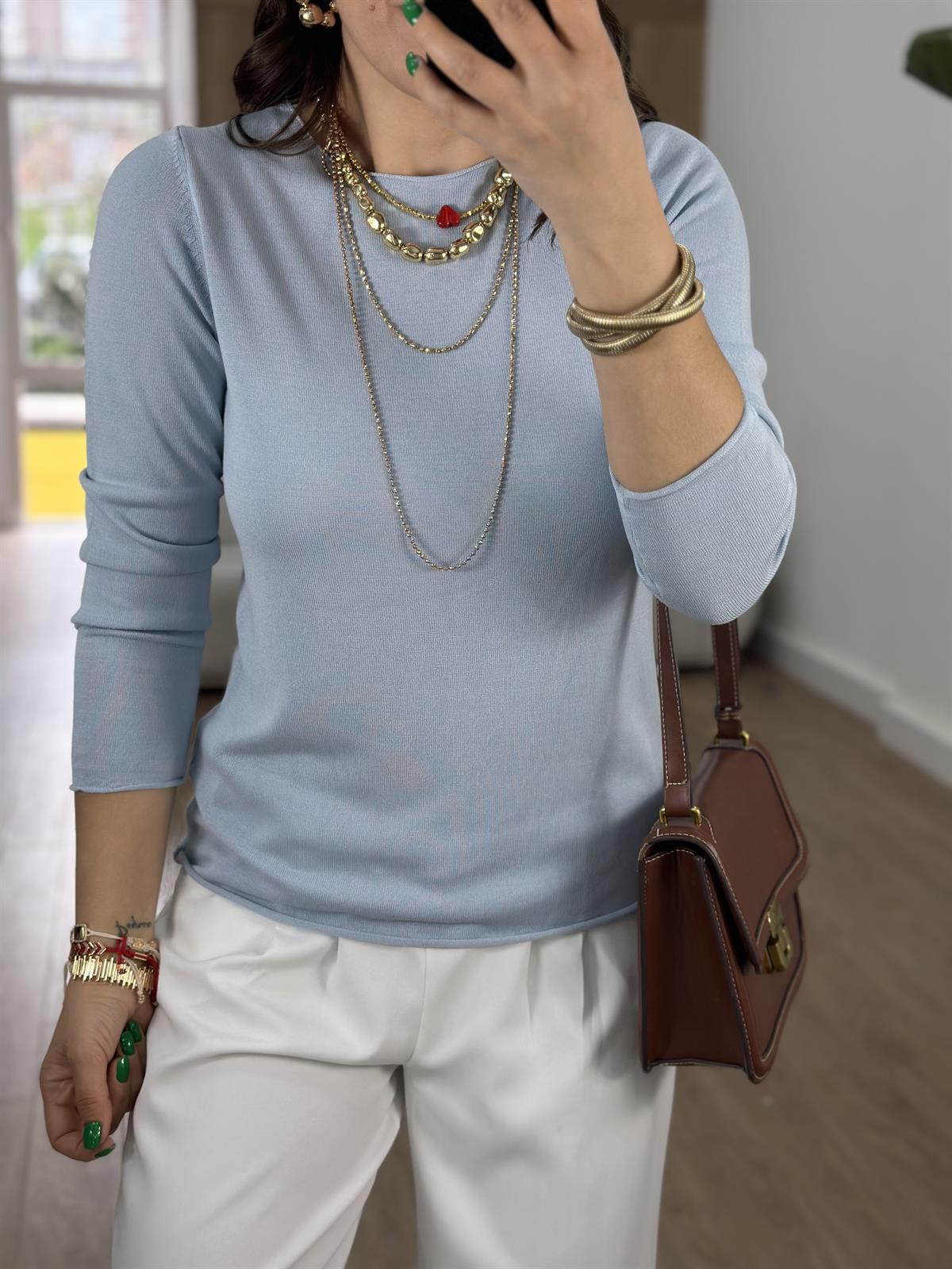 Premium Kalite Bisiklet Yaka Basic Triko-Mavi