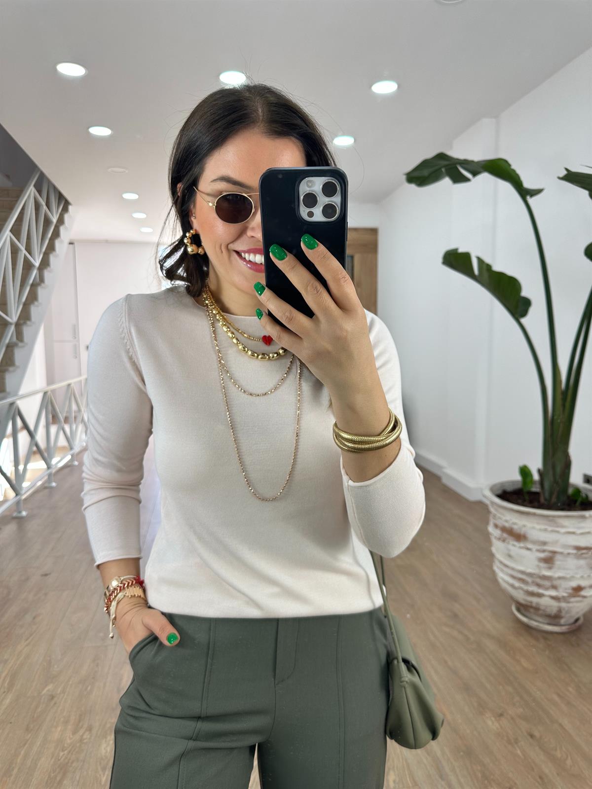 Premium Kalite Bisiklet Yaka Basic Triko-Krem