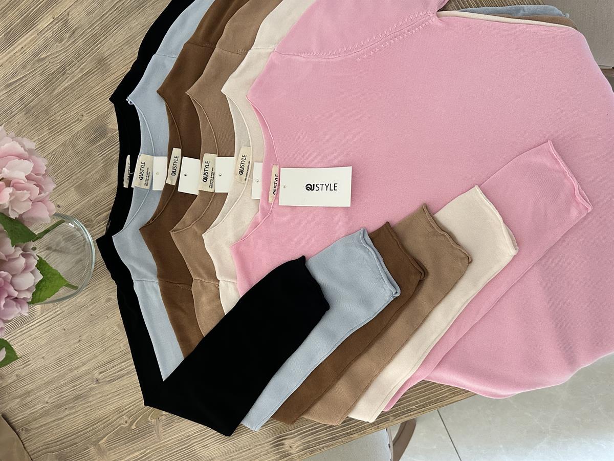 Premium Kalite Bisiklet Yaka Basic Triko-Krem