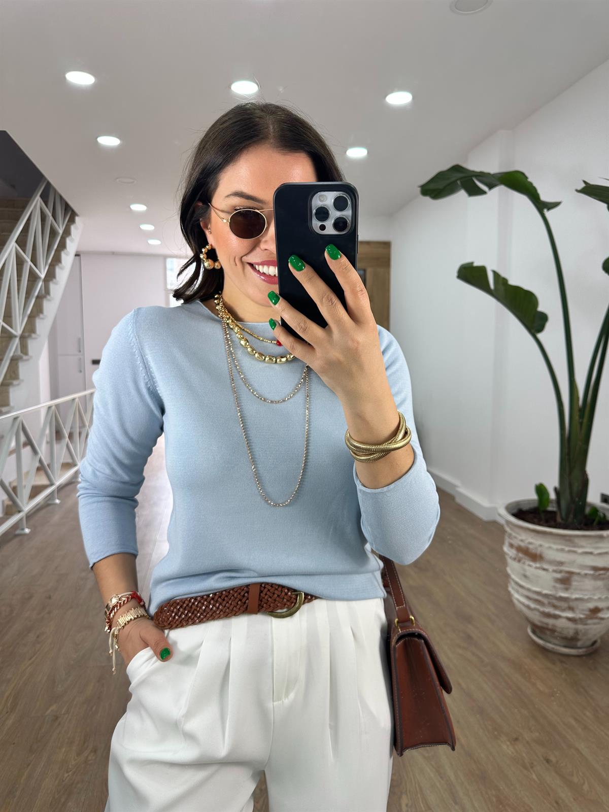 Premium Kalite Bisiklet Yaka Basic Triko-Mavi