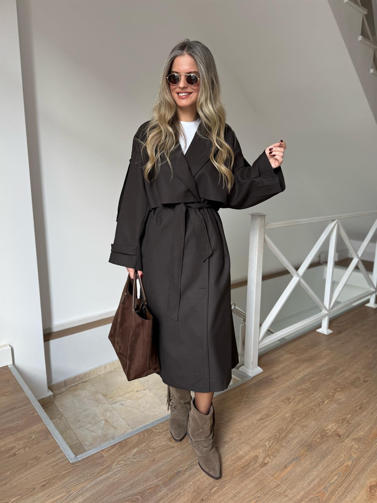 Premium Seri Beli Kuşaklı Trençkot - Acı Kahve