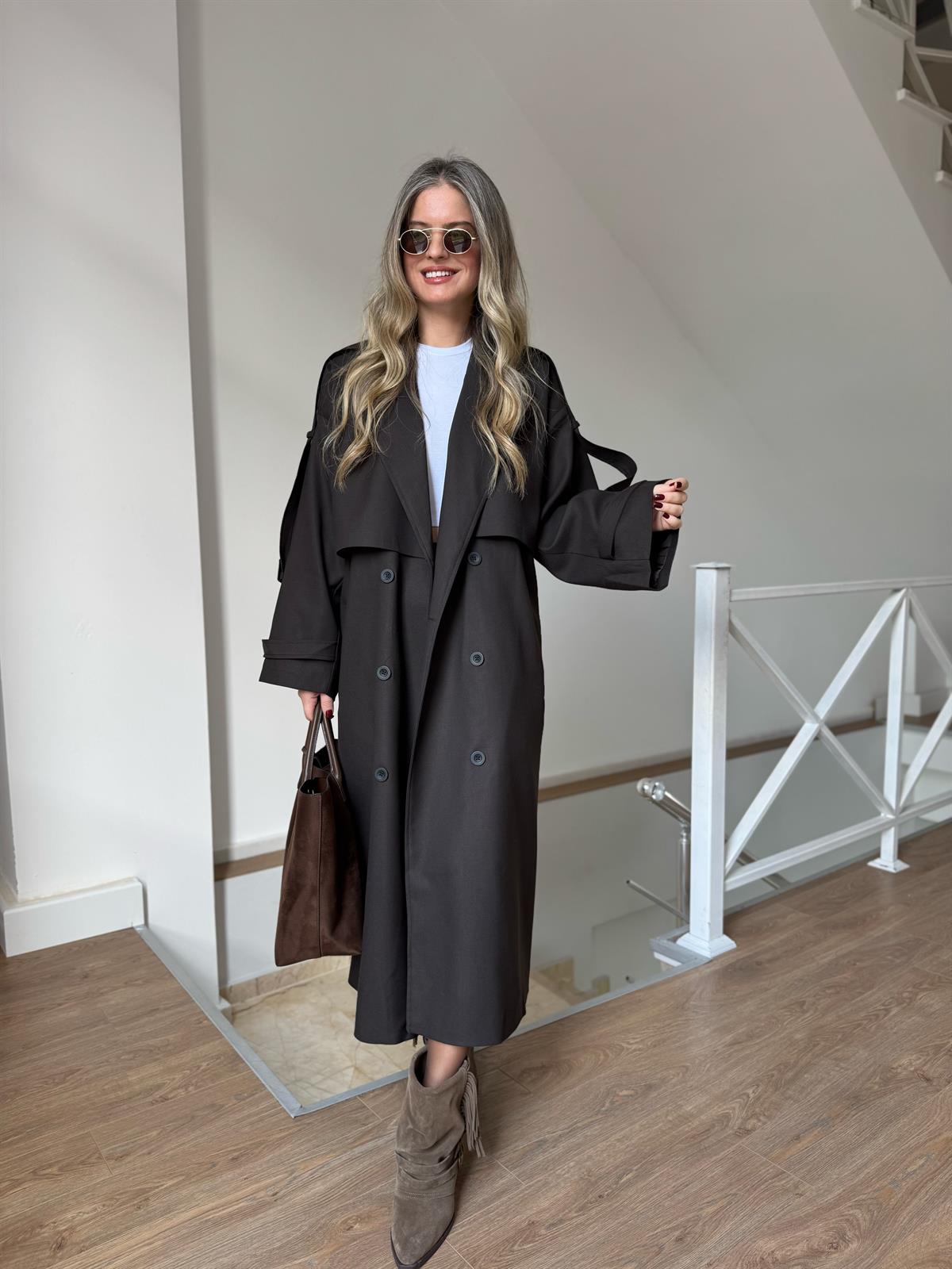 Premium Seri Beli Kuşaklı Trençkot - Acı Kahve