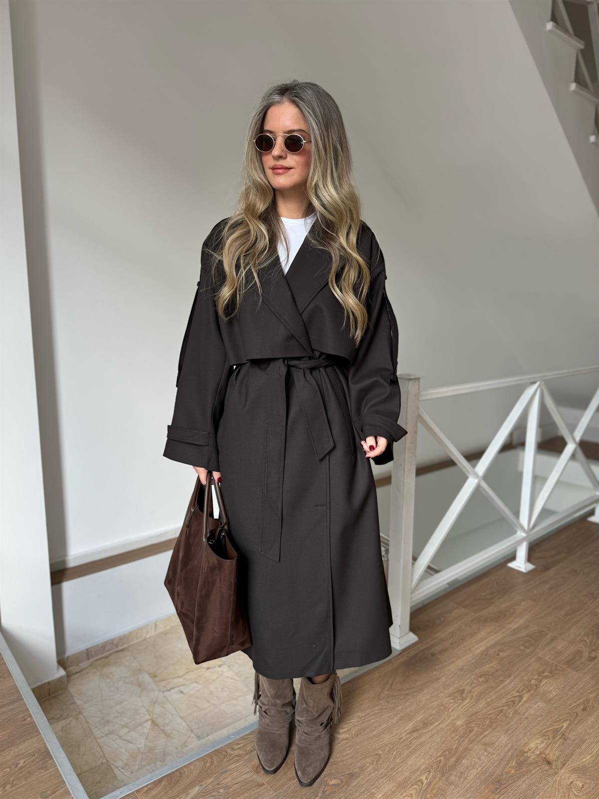 Premium Seri Beli Kuşaklı Trençkot - Acı Kahve