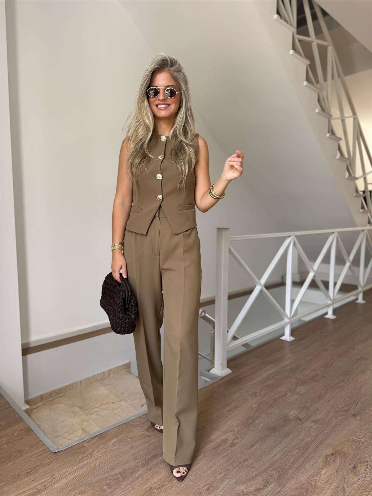 Premium Seri Gold Düğmeli Yelekli Takım - Haki