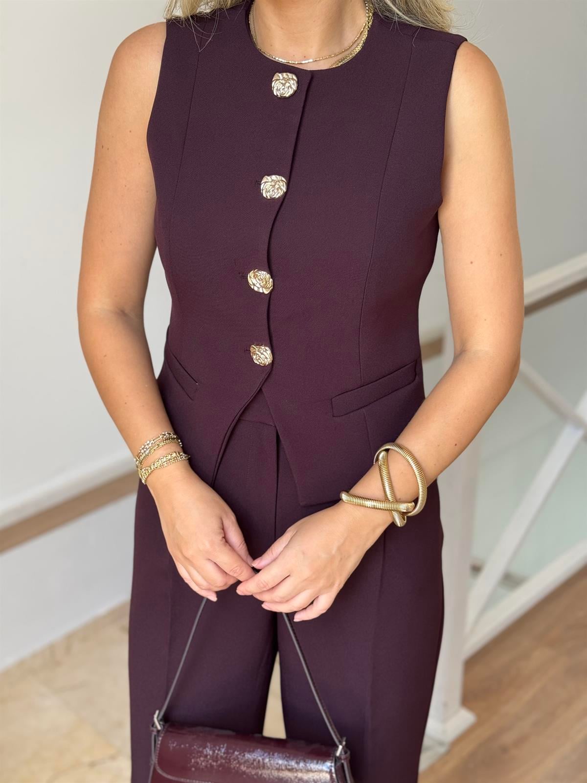 Premium Seri Gold Düğmeli Yelekli Takım - Mürdüm