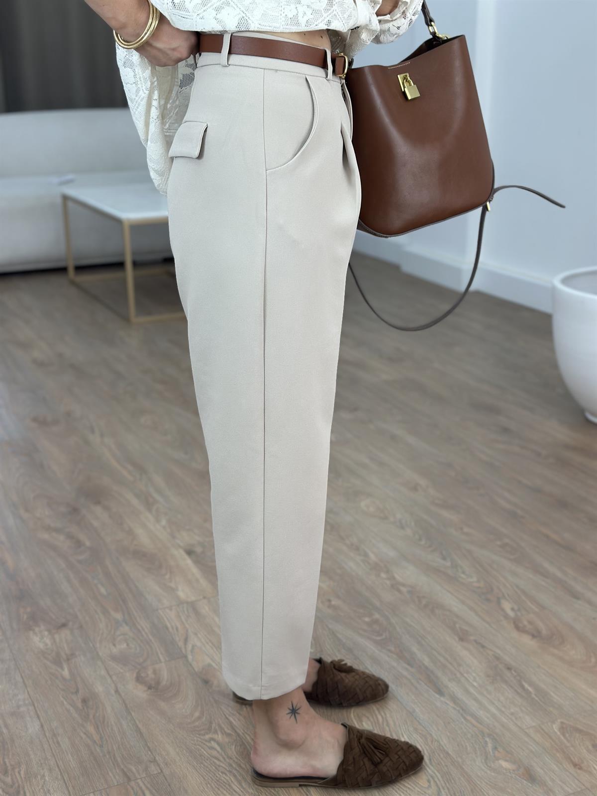 Premium Seri Kemerli Havuç Pantolon - Taş