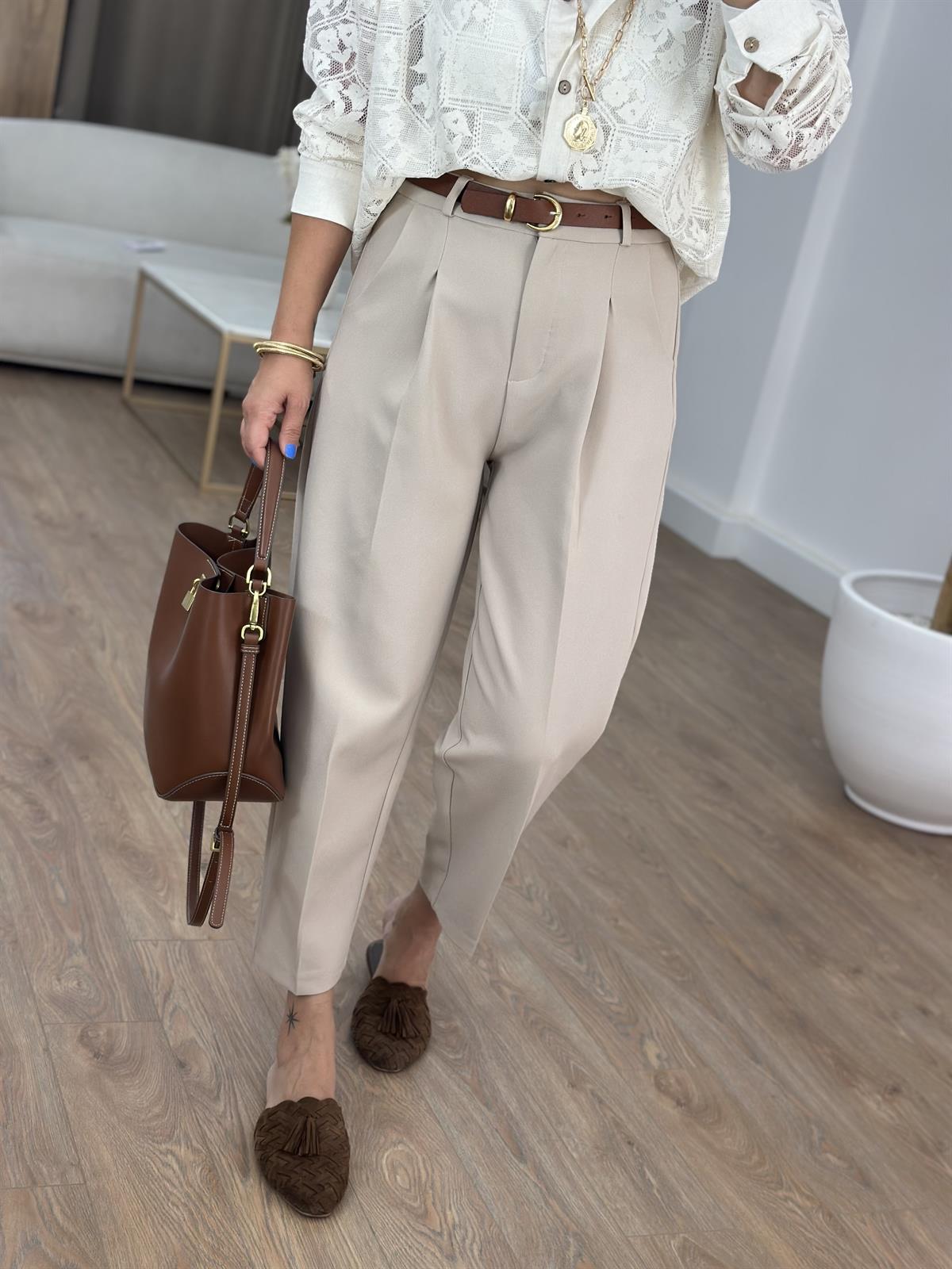 Premium Seri Kemerli Havuç Pantolon - Taş