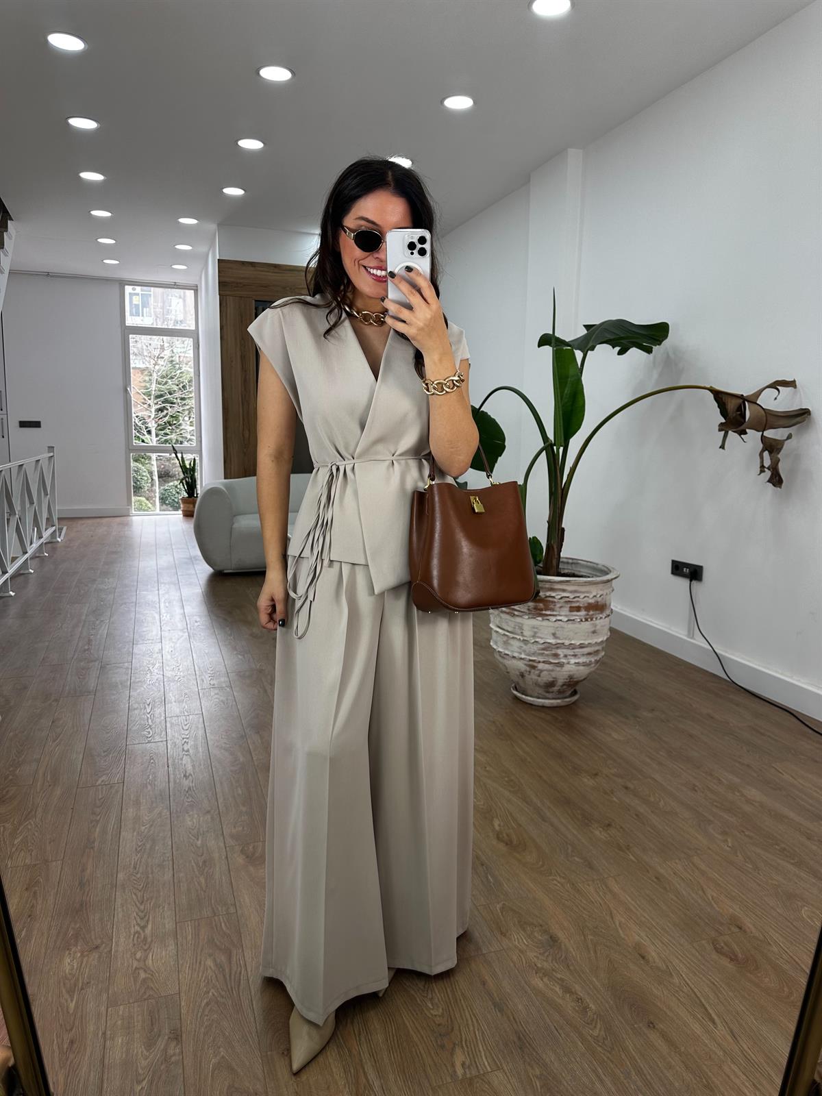 Premium Seri Tasarım Beli Bağlamalı Takım - Taş