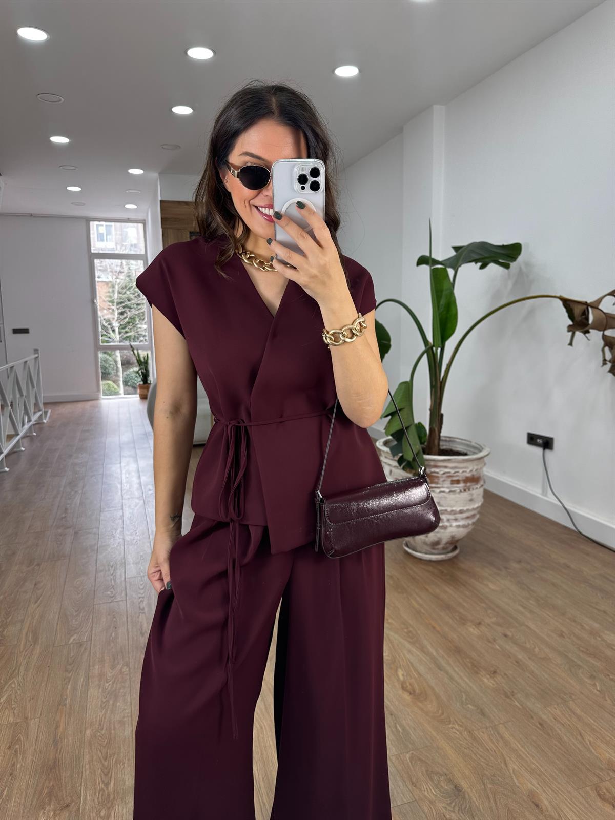 Premium Seri Tasarım Beli Bağlamalı Takım - Bordo