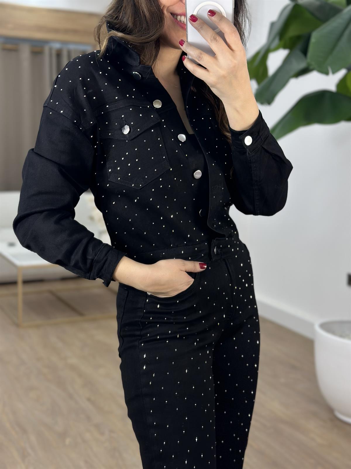 Premium Seri Taşlı Denim Takım - Siyah