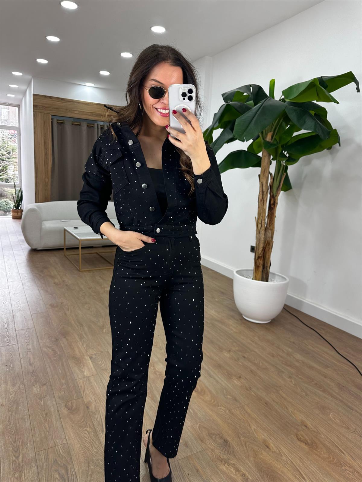 Premium Seri Taşlı Denim Takım - Siyah