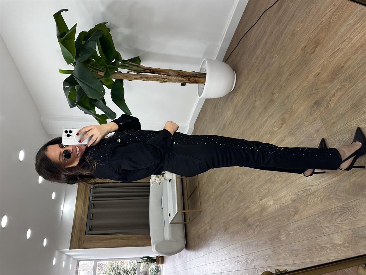 Premium Seri Taşlı Denim Takım - Siyah