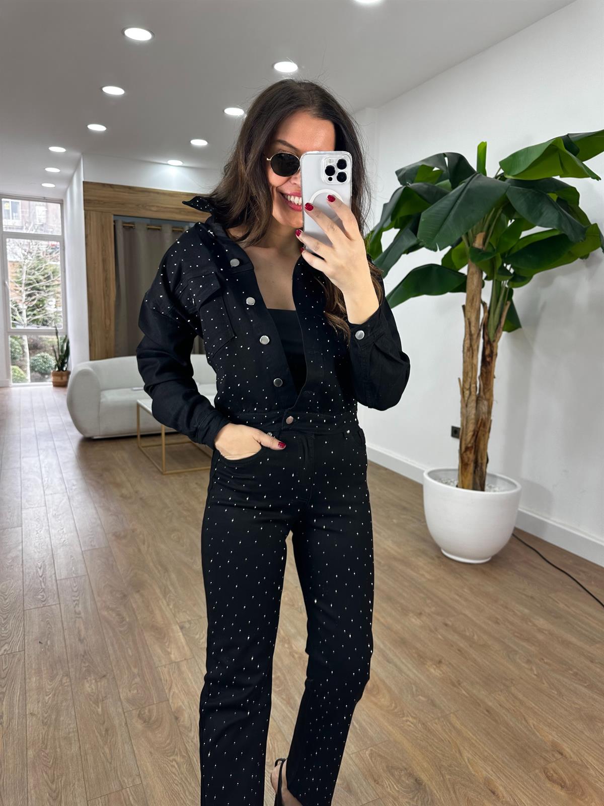 Premium Seri Taşlı Denim Takım - Siyah