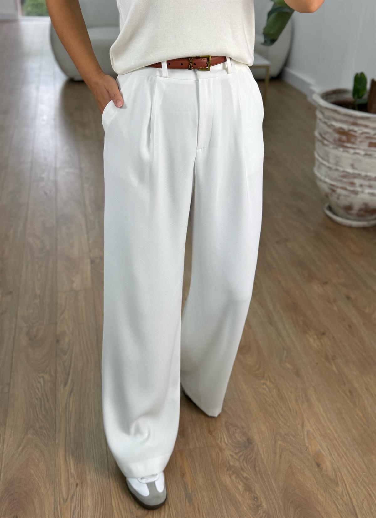 Premium Seri Tek Pile Palazzo Pantolon - Beyaz