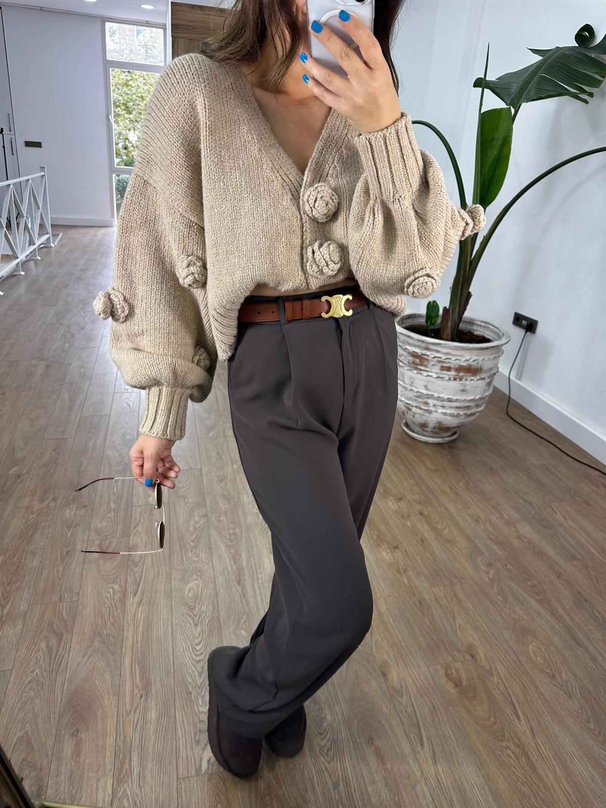 Premium Seri Tek Pile Palazzo Pantolon - Kahve