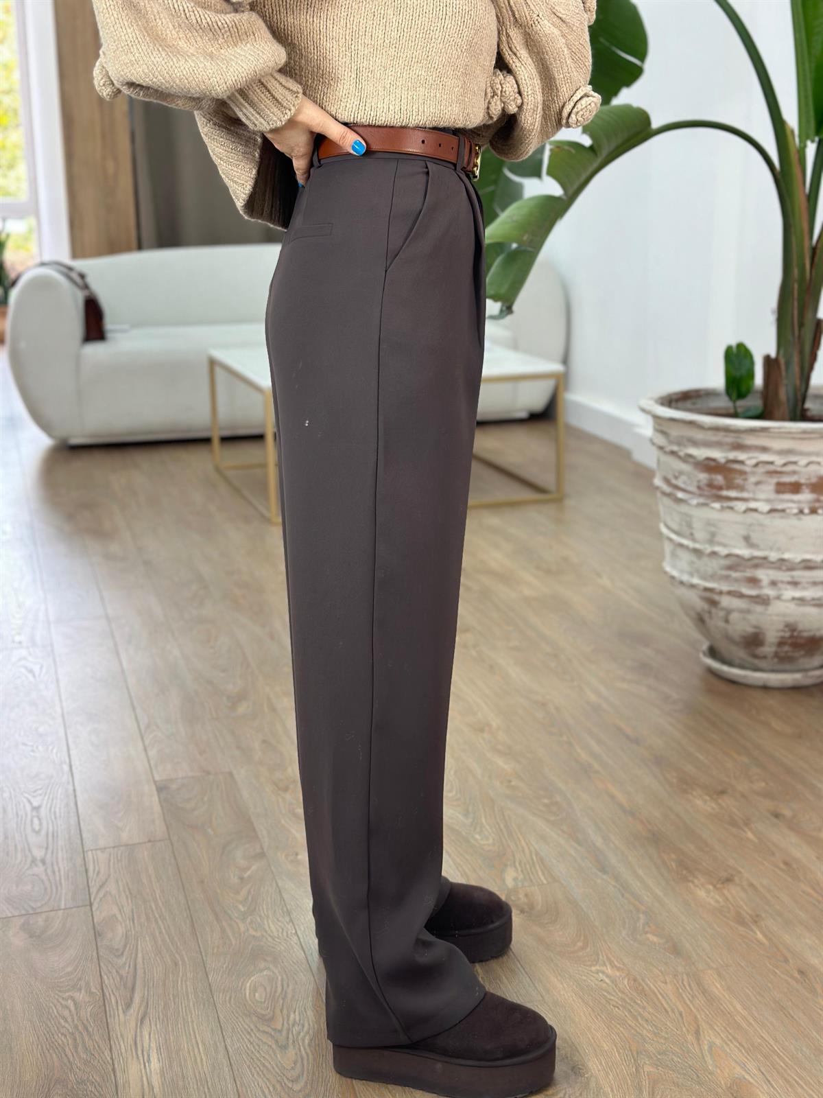 Premium Seri Tek Pile Palazzo Pantolon - Kahve