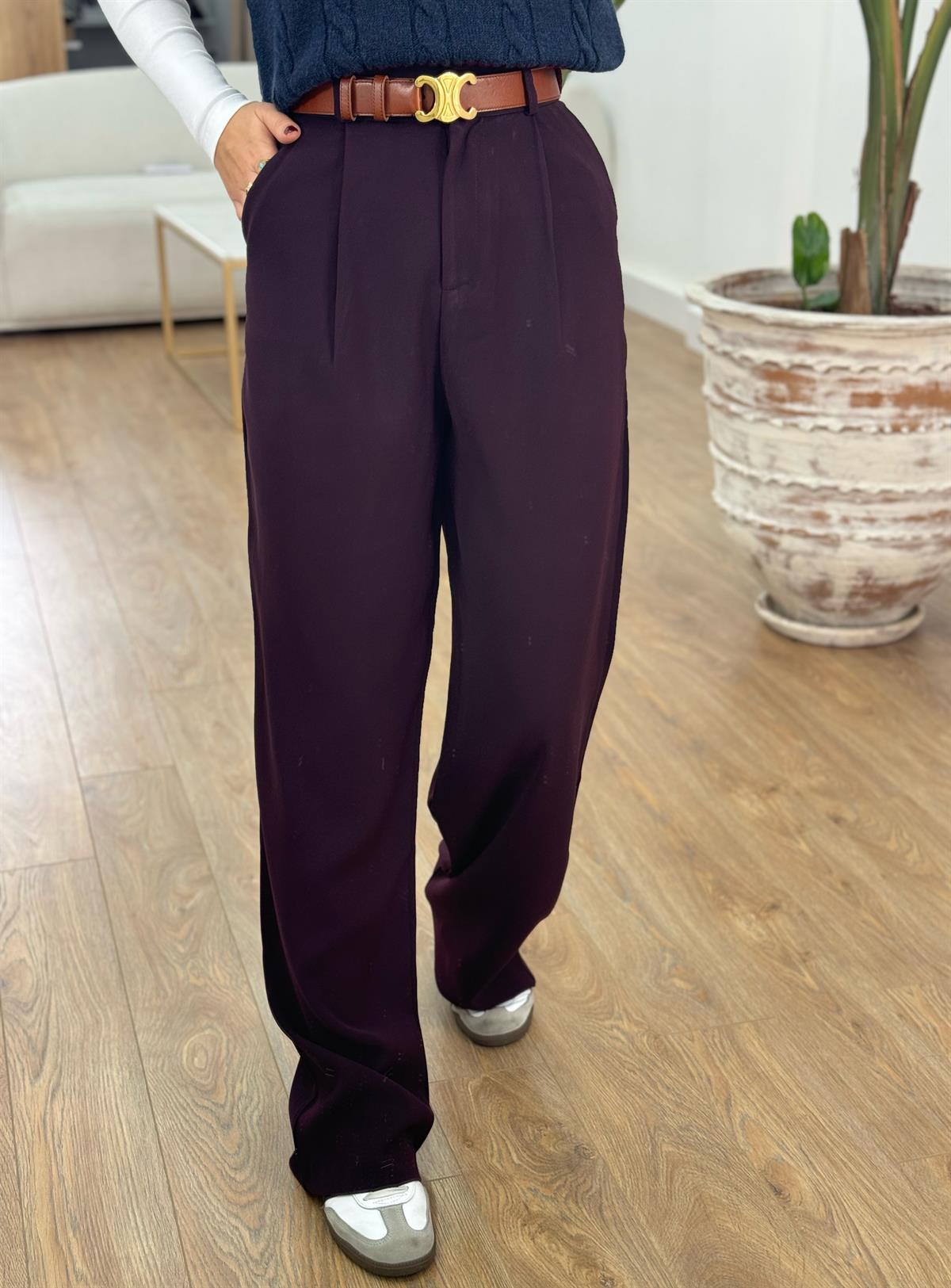 Premium Seri Tek Pile Palazzo Pantolon - Mürdüm