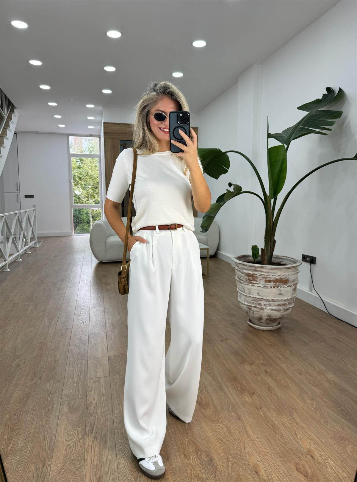 Premium Seri Tek Pile Palazzo Pantolon - Beyaz