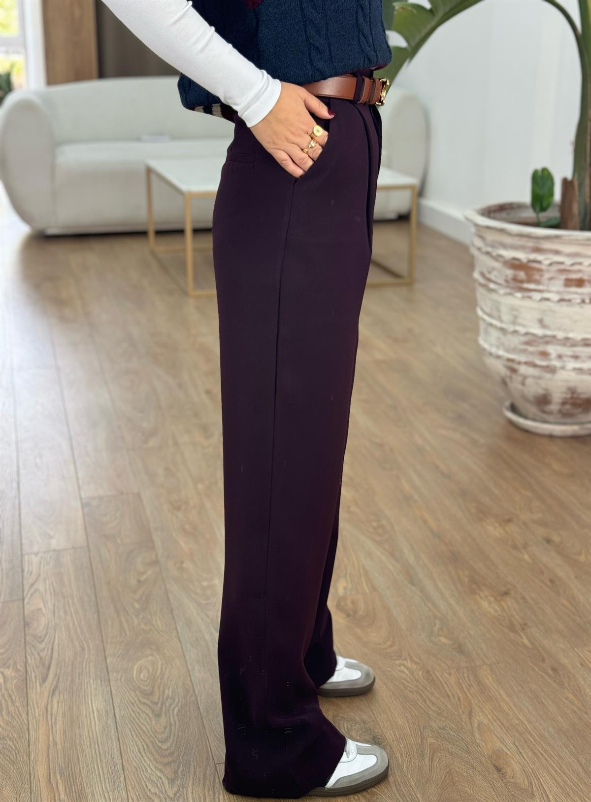 Premium Seri Tek Pile Palazzo Pantolon - Mürdüm