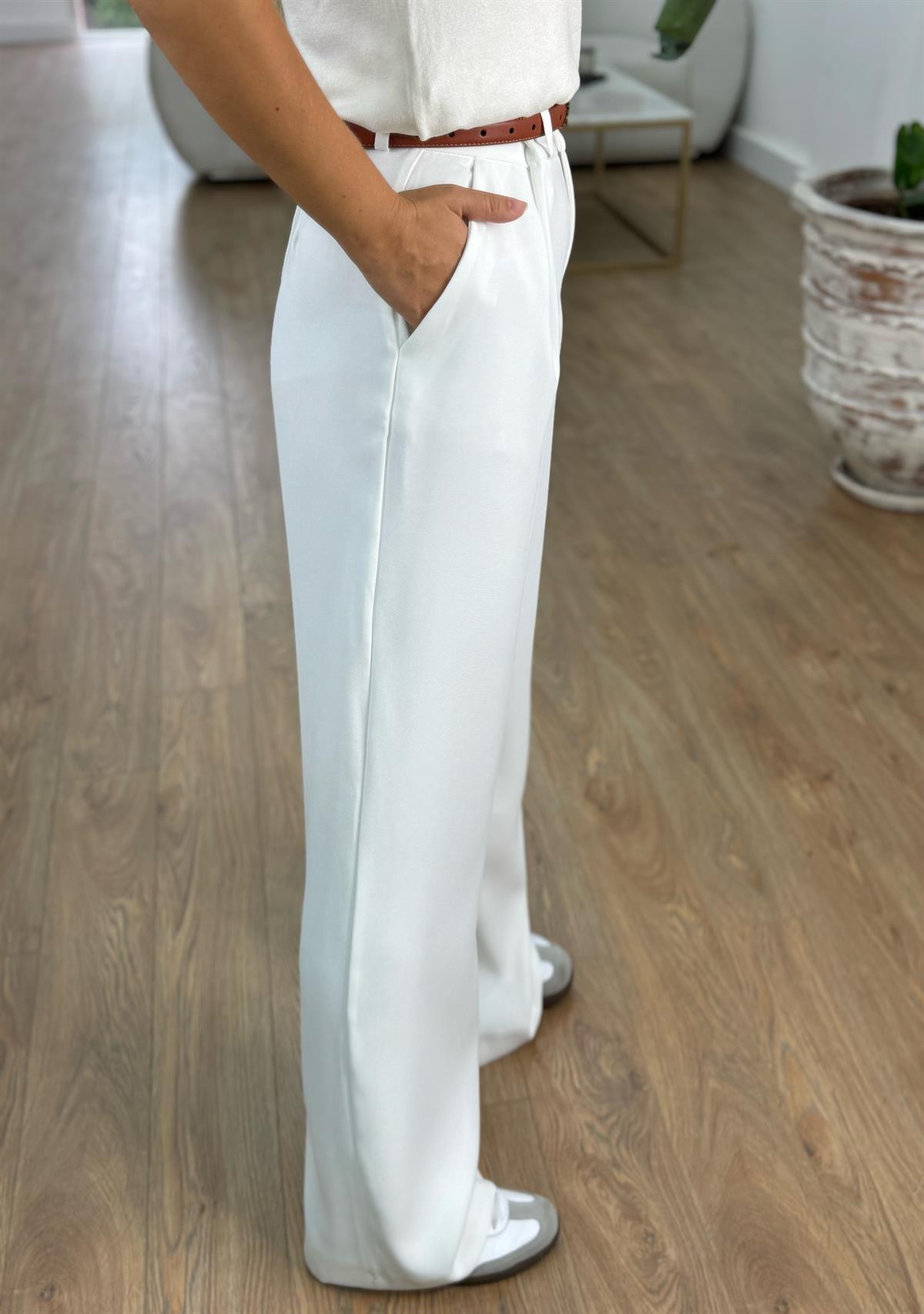 Premium Seri Tek Pile Palazzo Pantolon - Beyaz