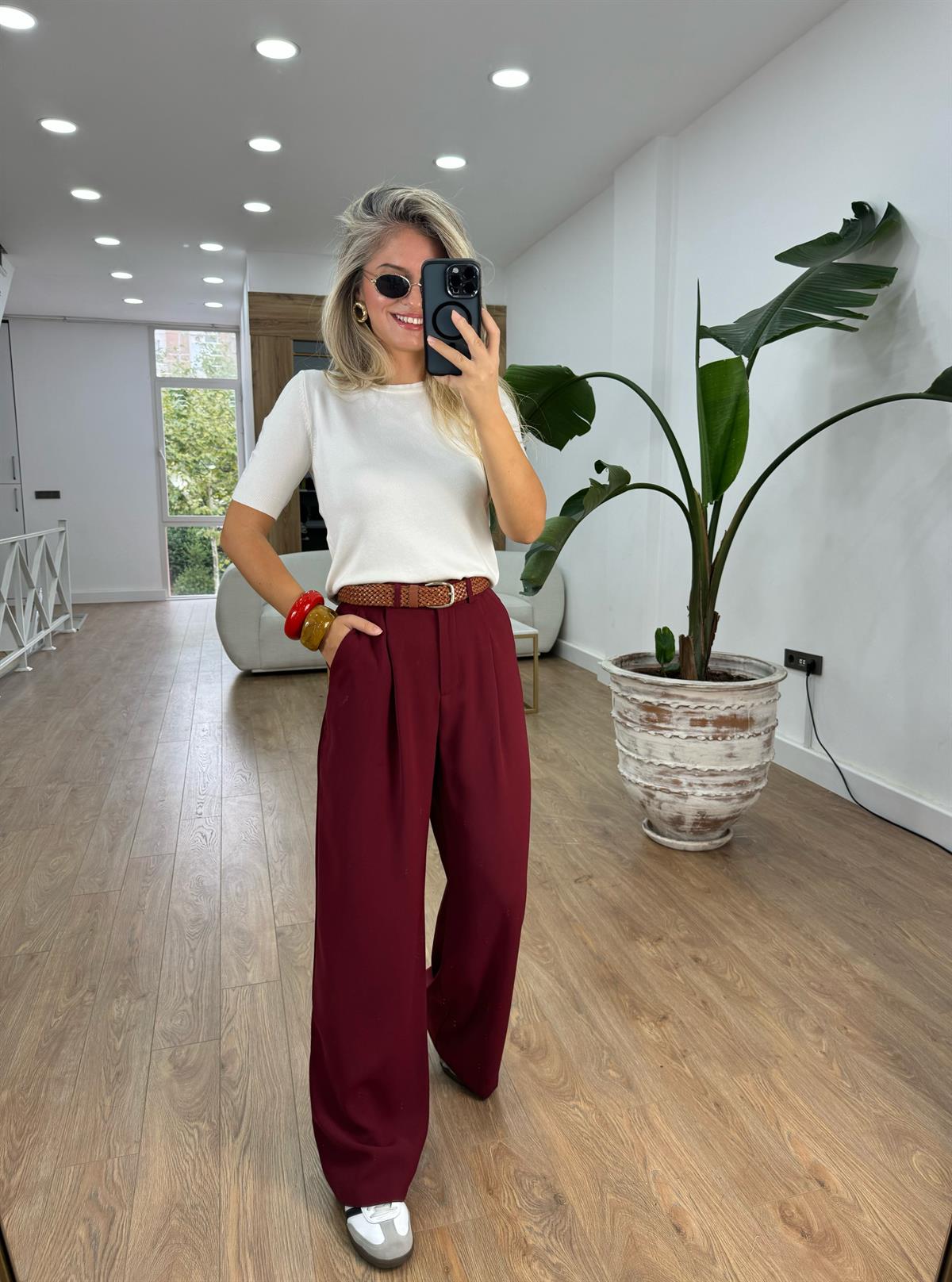 Premium Seri Tek Pile Palazzo Bordo Pantolon