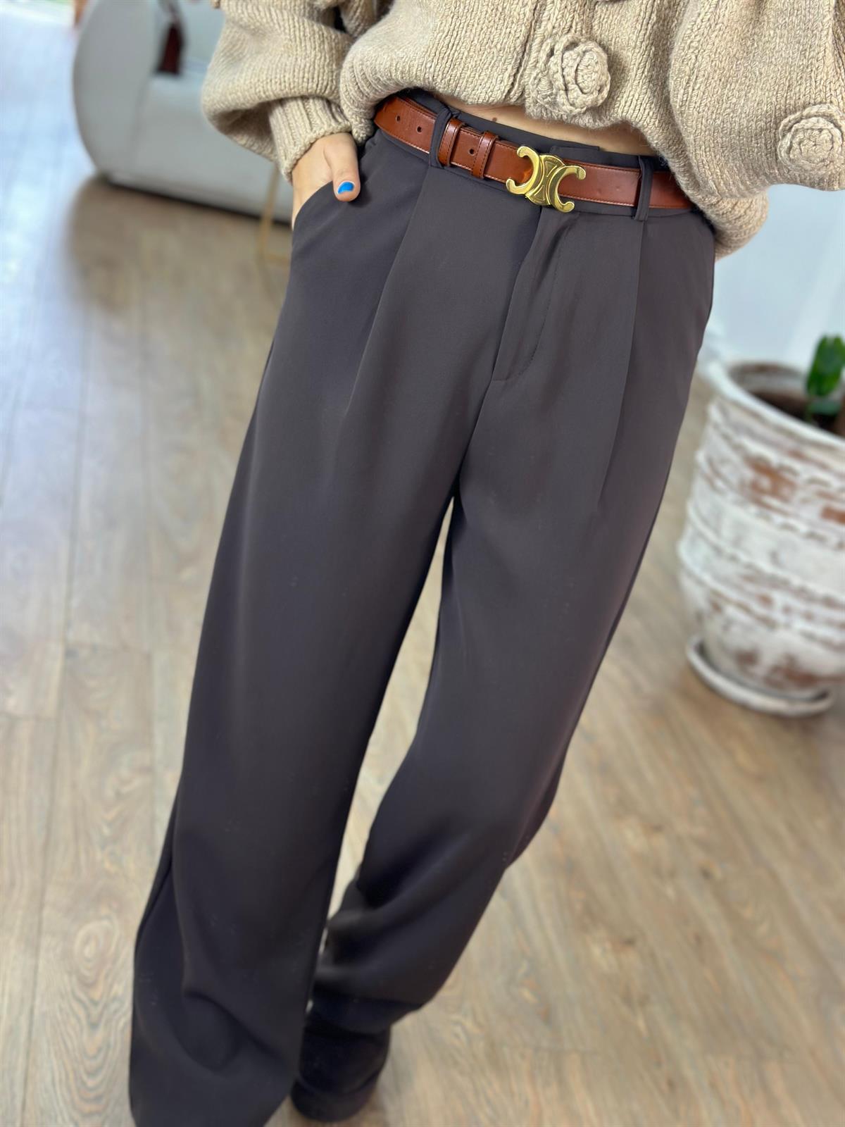 Premium Seri Tek Pile Palazzo Pantolon - Kahve