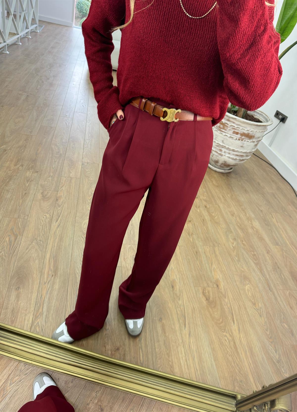 Premium Seri Tek Pile Palazzo Pantolon - Bordo