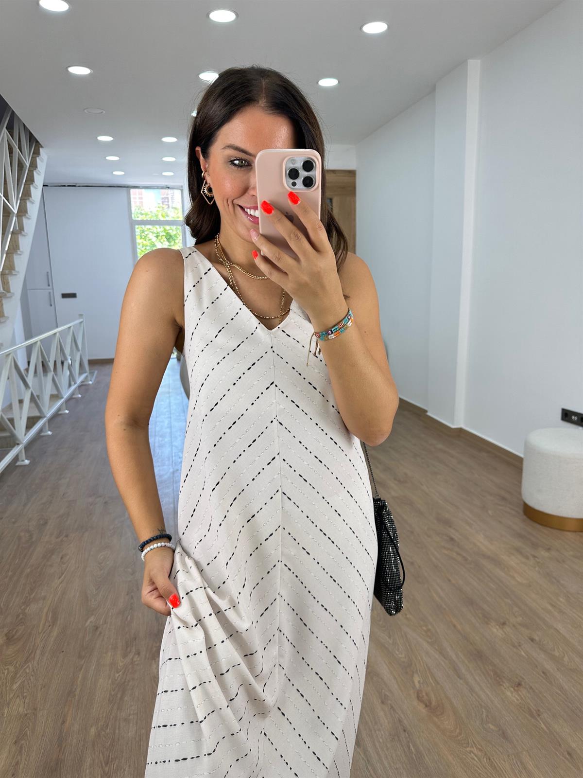 Puantiye Çizgili V Yaka Midi Elbise-Ekru